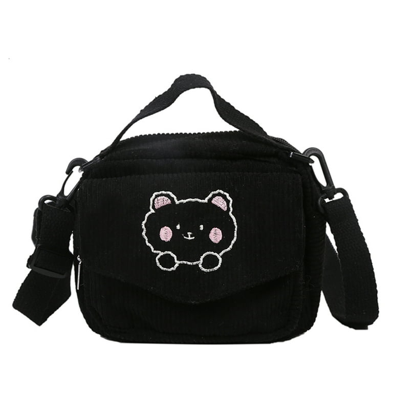 Yucurem Corduroy Crossbody Bag Embroidery Bear Student Girl Small Shoulder Purse (Black), Women's, Size: 1 Pack