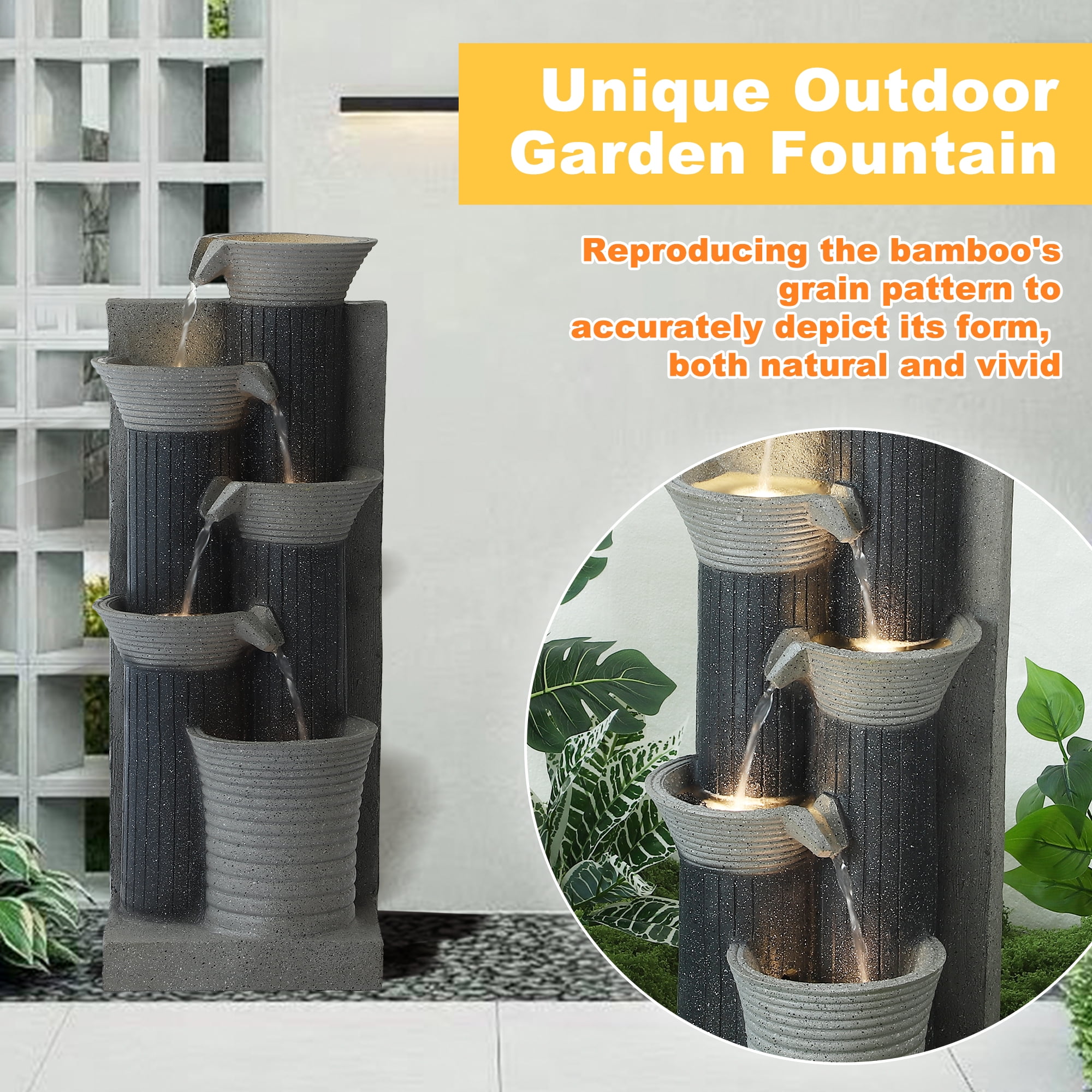 Magic Union Outdoor Water Fountain, 5 Tiers Cascading Waterfall Indoor Water Feature Garden Decor with LED Lights, Fountains Outside Patio Resin for Yard, Deck, Porch and Home, Bamboo Elements