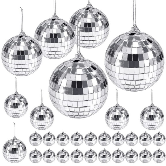 30 Pack Mirror Disco Ball,Mini Disco Ball Decorations,Reflective Mirror Ball Ornaments,Small Silver Hanging Disco Balls with Rope for Christmas Tree Wedding Party Dance Music Festivals Decor,4 Sizes