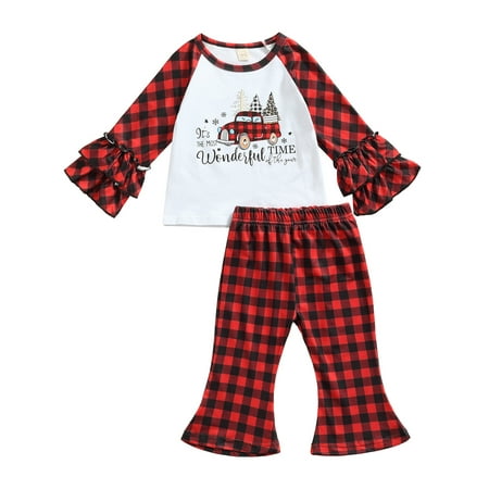 

Canrulo 2PCS Christmas Infant Toddler Baby Girl Vintage Car Print Long Ruffle Sleeve Tops Wide-Leg Pants Red 18-24 Months
