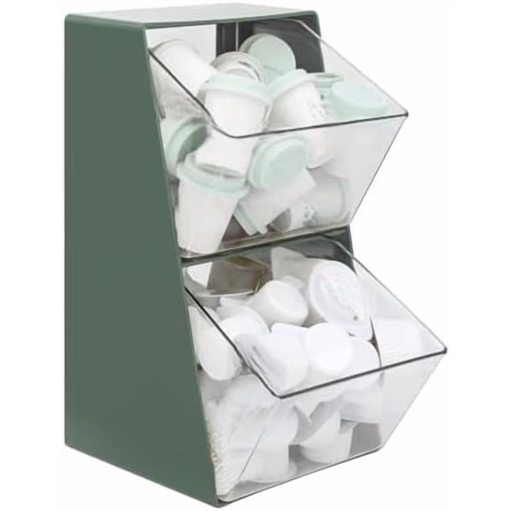 2-Tier Large Capacity Coffee Pod Holder & Storage Basket Set - K-Cup & Espresso Capsule Organizer with Creamer and Tea Bag Compartments for Countertop (Green/Clear)