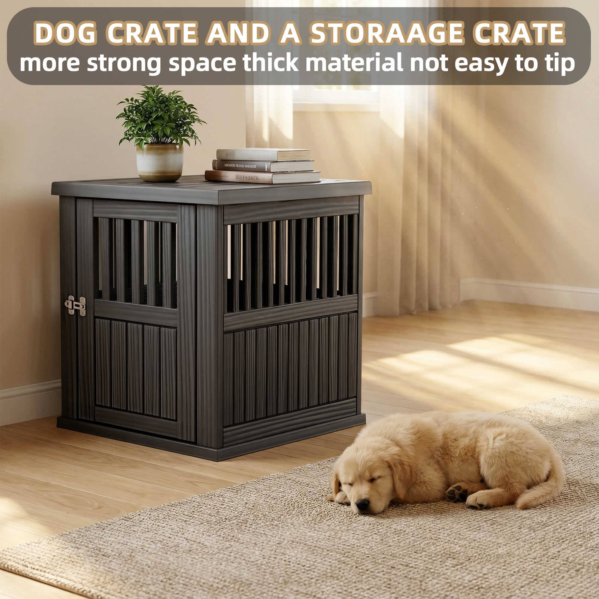 MAYEERTY Lockable Gate Pet Crate, Furniture-Style Kennel & Side Table for Home Patio, Black