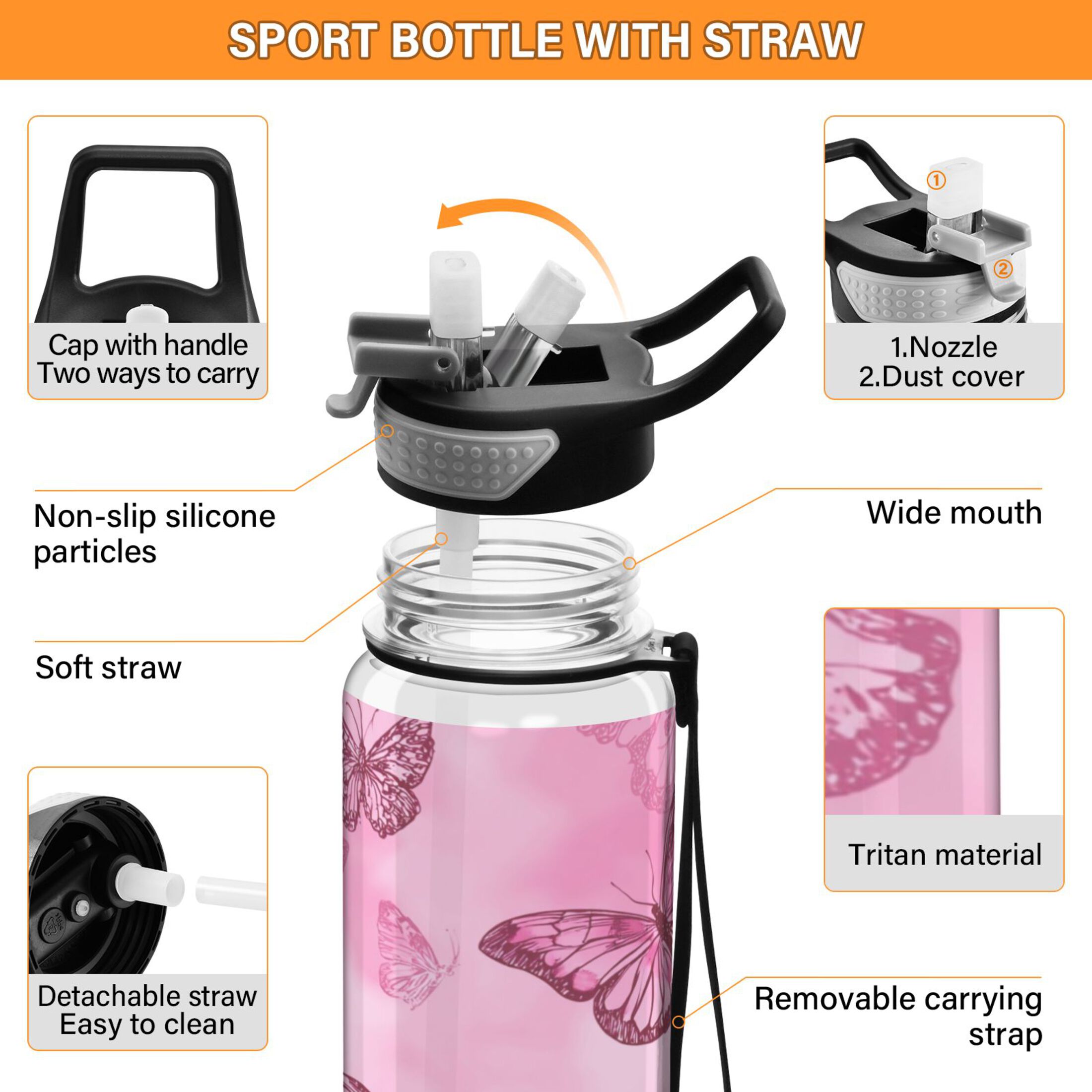 32oz Transparent Sports Water Bottle with Straw for Kids Adults Outdoor School Gym Fitness Pink Butterfly Pattern