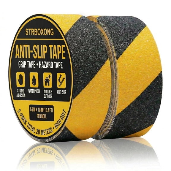 STRBOXONG 2 Rolls Anti Slip Tape，2 x 394" Black and Yellow Hazard Tape，High Friction Grip Tape for Stairs，Heavy Duty Non Slip Tape for Outdoor Decking，Ramps & Steps，Waterproof Safety Warning