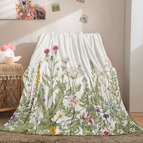 Floral Throw Blanket Vintage Herbs Blanket Colorful Wild Flowers Printed Flannel Fleece Blanket Soft Lightweight Plush Blanket for Bed Sofa Chair Office (Throw(50"x60"), Floral)