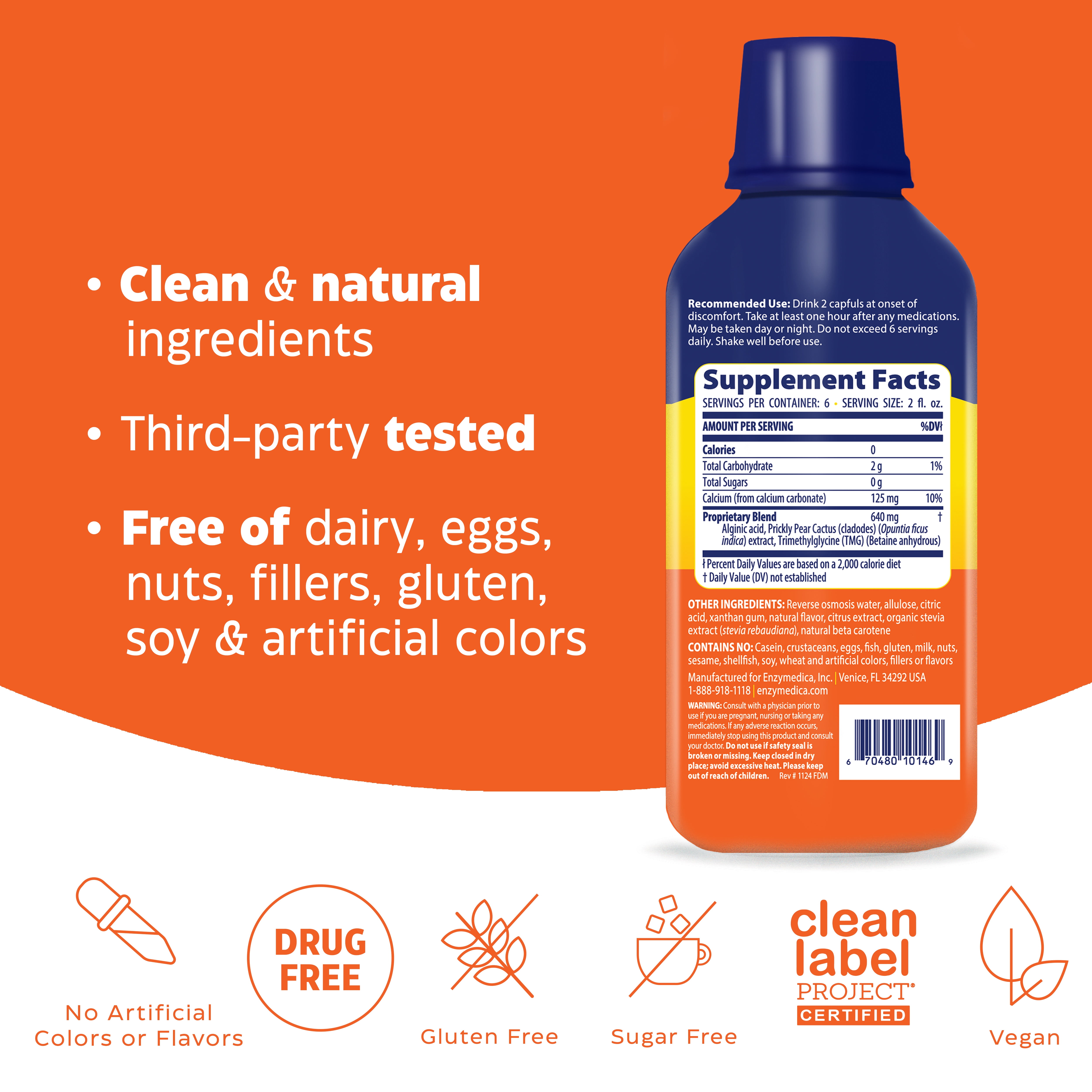 Enzymedica Fast-Acting Natural Heartburn Hero Liquid Soothes Occasional Heartburn & Acid Indigestion, 12oz