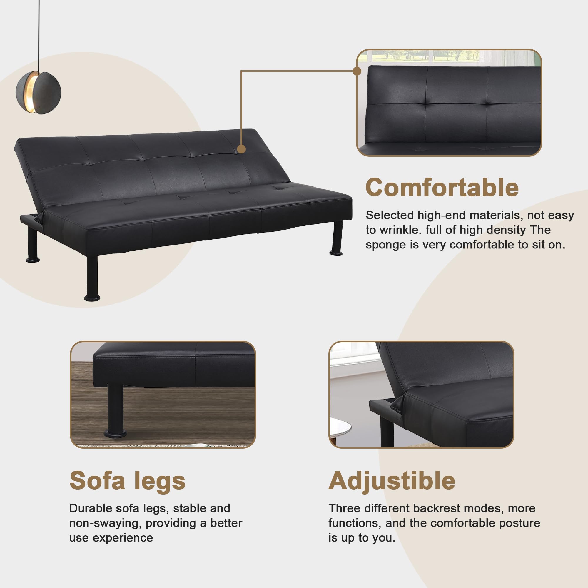 Aukfa Modern Futon Convertible Sofa Bed for Home Office, Tufted Back, Leather, Black