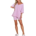thumbnail image 2 of Pijamas para mujeres INSPIRE CHIC de 2 piezas, camiseta de cuello en V oversized, traje reversible de entrenamiento, camisetas, pantalones cortos de ciclista, conjunto de lounge S en rosa brillante, 2 of 5