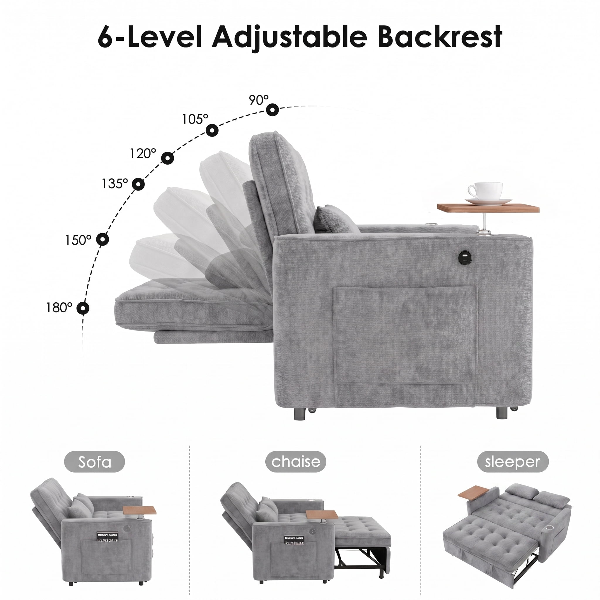 AISWORD 54" Convertible Pull Out Sleeper Sofa Bed, Chenille Loveseat Couch with USB Port, Side Tray Table, Cup Holder, Storage Pockets & Adjustable Backrest for Small Spaces, Light Gray