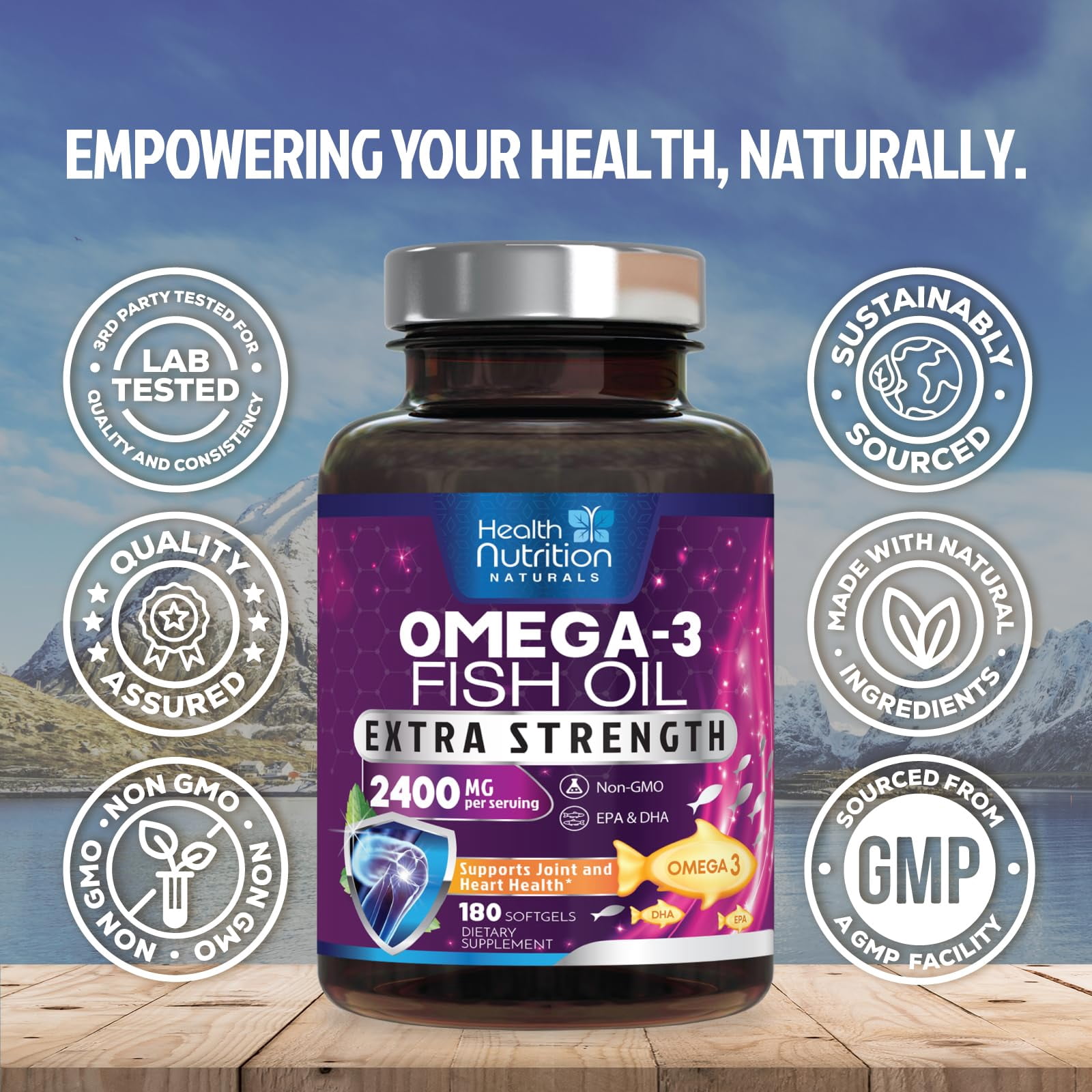 Omega 3 Fish Oil Supplements - 2400mg Fish Oil Per Serving - Triple Strength Omega-3 with EPA & DHA Fatty Acids - Natural Heart, Brain & Immune Support - Wild Caught, Bottled in USA - 180 Softgels
