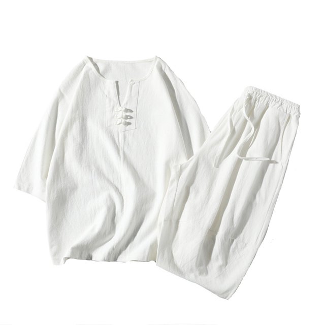 Two Piece Pants Sets Mens Two Piece Solid Cotton Linen 3/4 Sleeve V Neck Tops and Shorts Set