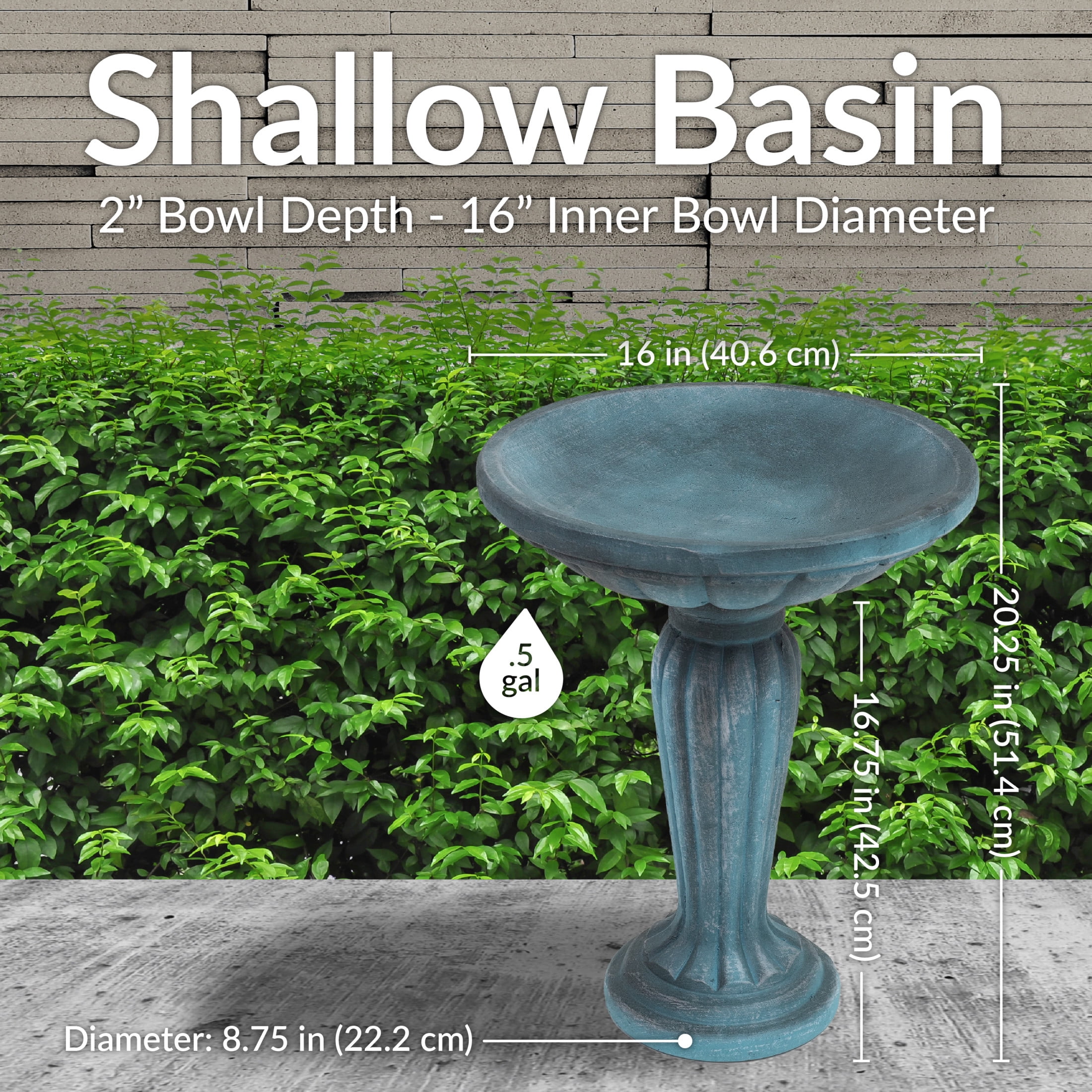 Sunnydaze Grecian Column Freestanding Glass Fiber Reinforced Concrete Outdoor Bird Bath, Green