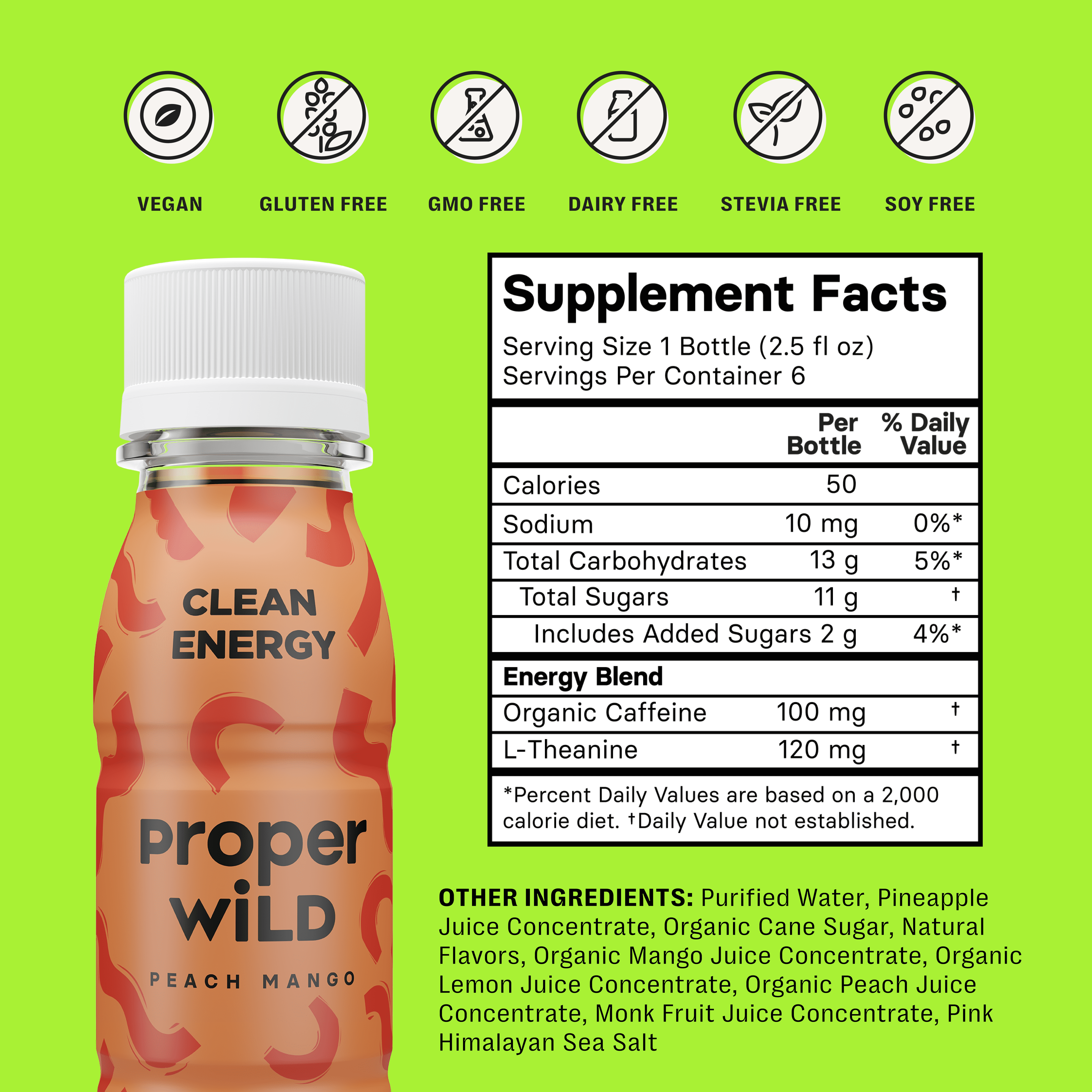 Proper Wild, Natural Clean Energy Shots, Caffeine & L-Theanine, Peach Mango, 6-Pack