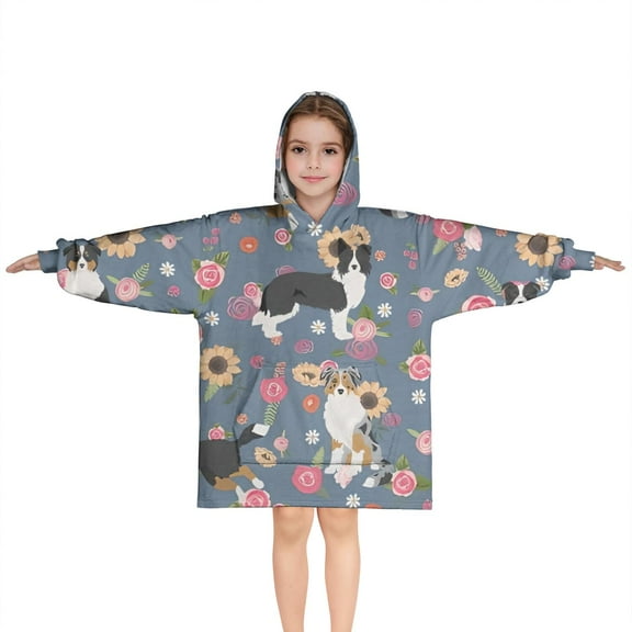 Border Collie Dog and Flower Florals Blanket Hoodies for Kids 6-13YR Oversize Wearable Blanket Hoodies for Boys Girls Teens