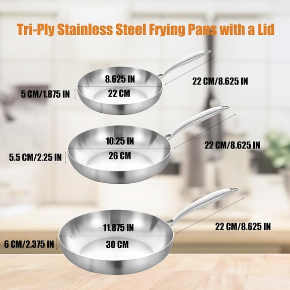 8.5-10-12 Inch Tri-Ply Stainless Steel Frying Pan Set with a Lid