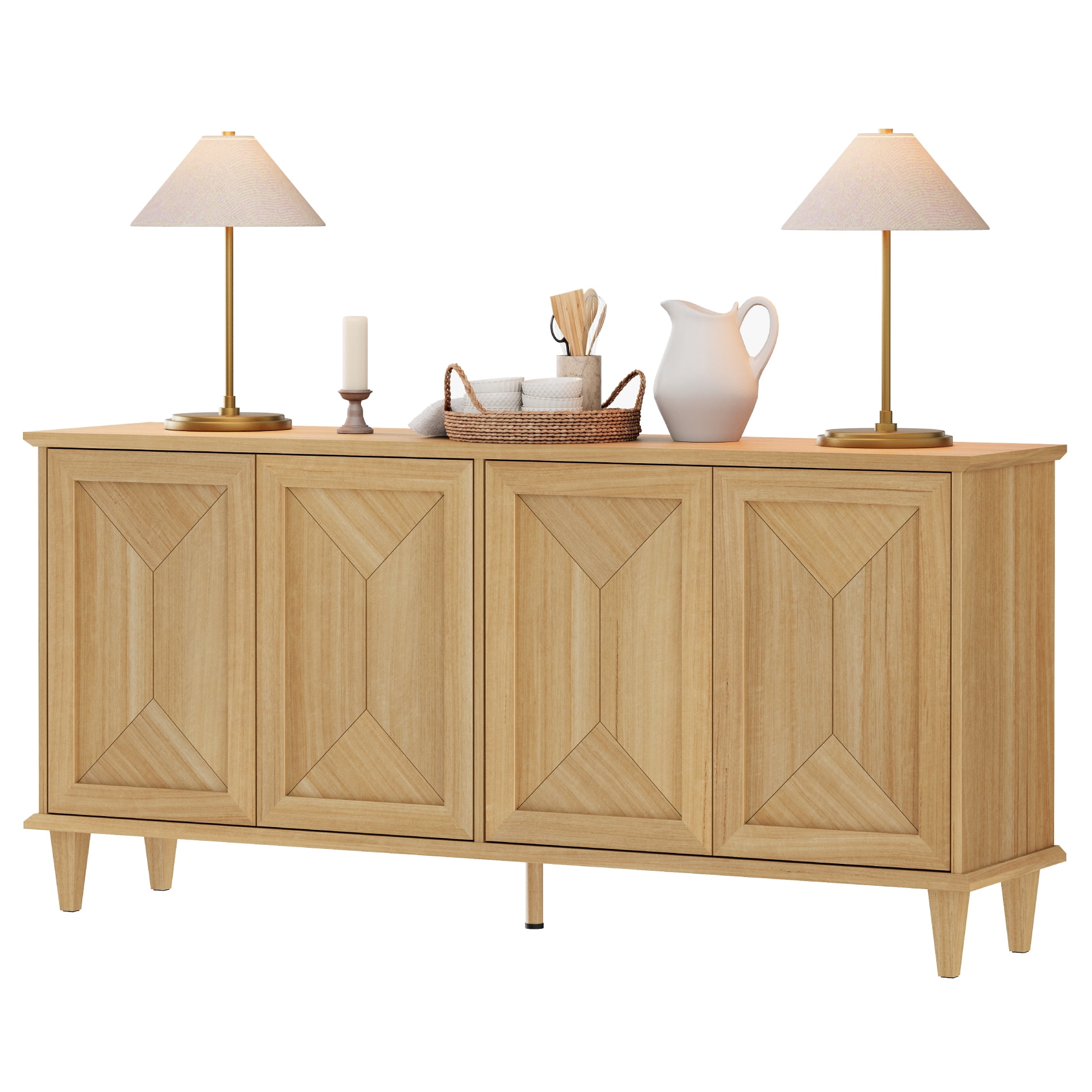 WAMPAT 65-inch Modern Farmhouse Buffet Cabinet with Handcrafted Patchwork Doors, Pop-Up Design Sideboard Credenza with Storage for Dining Room, Kitchen and Living Room, Natural Oak