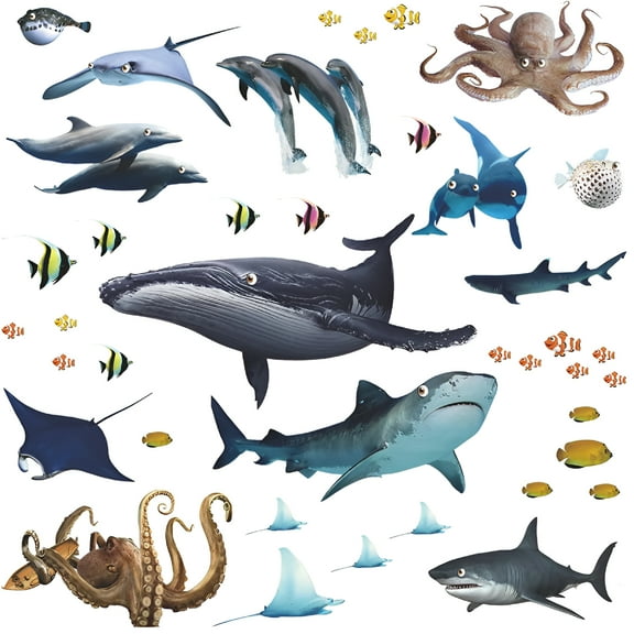 CCOCC Removable 3D Under The Sea Fish Wall Sticker Diy Ocean Animals Wall Decals Whale,Shark,Squid Wall Decor Peel And Stick Art for Kids Room Baby Bedroom Nursery Boy And Girls (Fish)