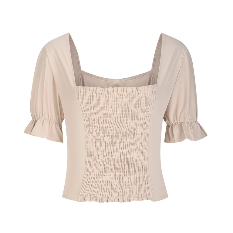 RYRJJ Women's Elegant Short Puff Sleeve Blouse Sweetheart Neckline