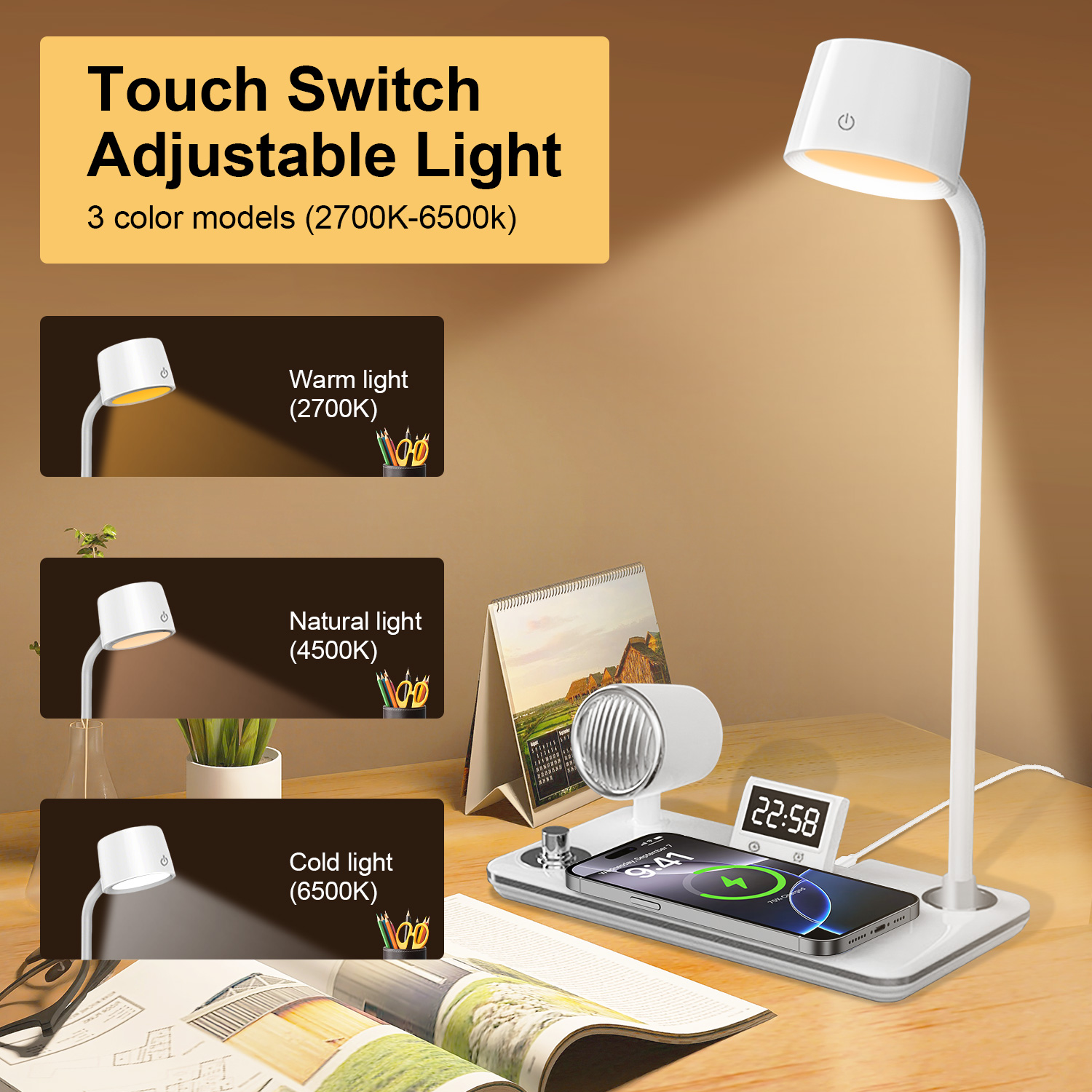 LED Desk Lamp, 4 in 1 Multifunction Table Lamp with Wireless Charger, Bluetooth Speaker Digital Clock, 360° Adjustable Gooseneck Arm with 3 Color Modes Dimmable Lamp for Home Office Bedroom, White