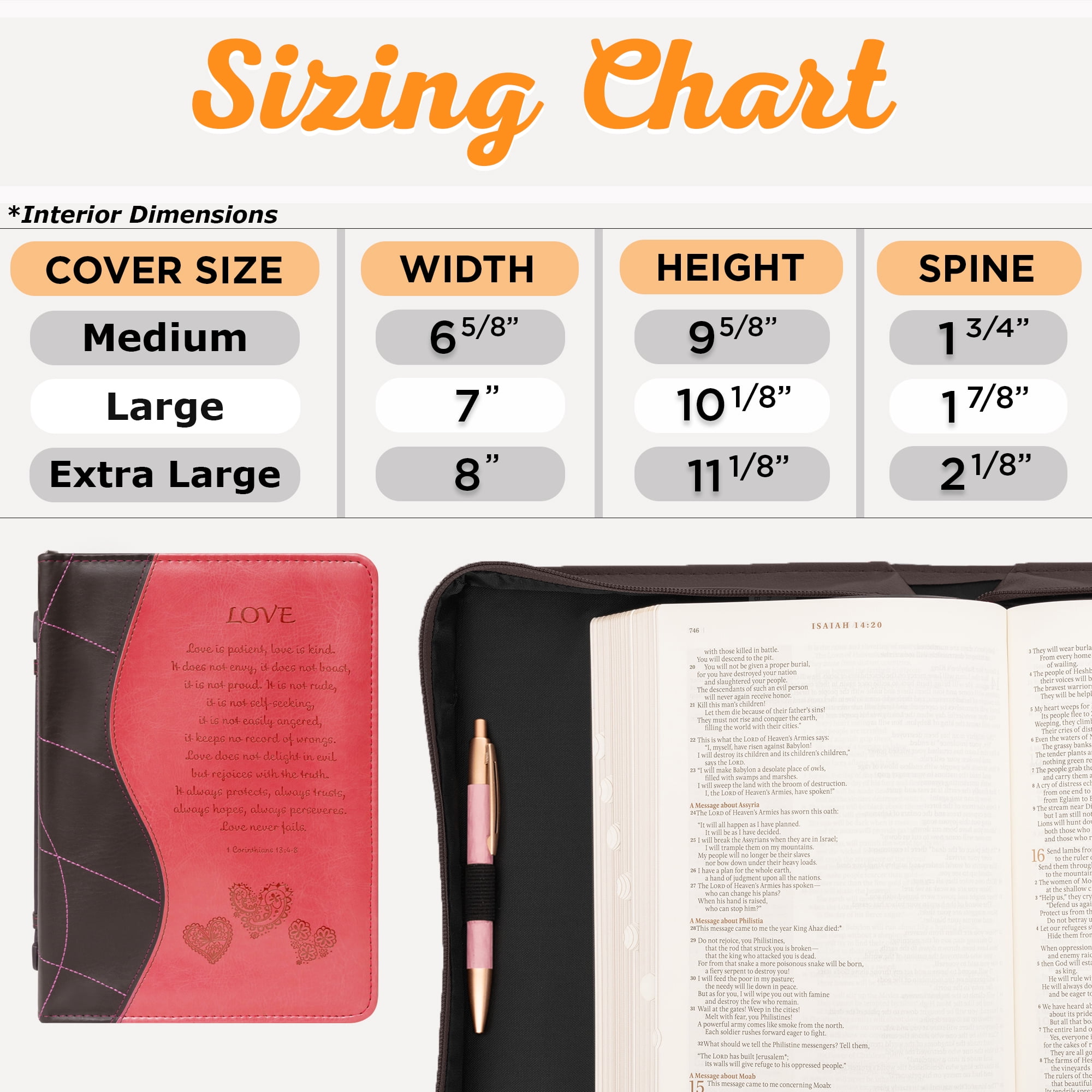 Pink Faux Leather Bible Cover for Women  Love Is - 2 Corinthians 13:4:8  Zippered Case for Bible or Book w/Handle, Medium Christian Art Gifts