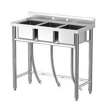 Acekid Stainless Steel Sink 3-Compartment - Freestanding Utility Sink with Hot & Cold Hoses, Commercial Kitchen Sink for Garage, Restaurant, Backyard