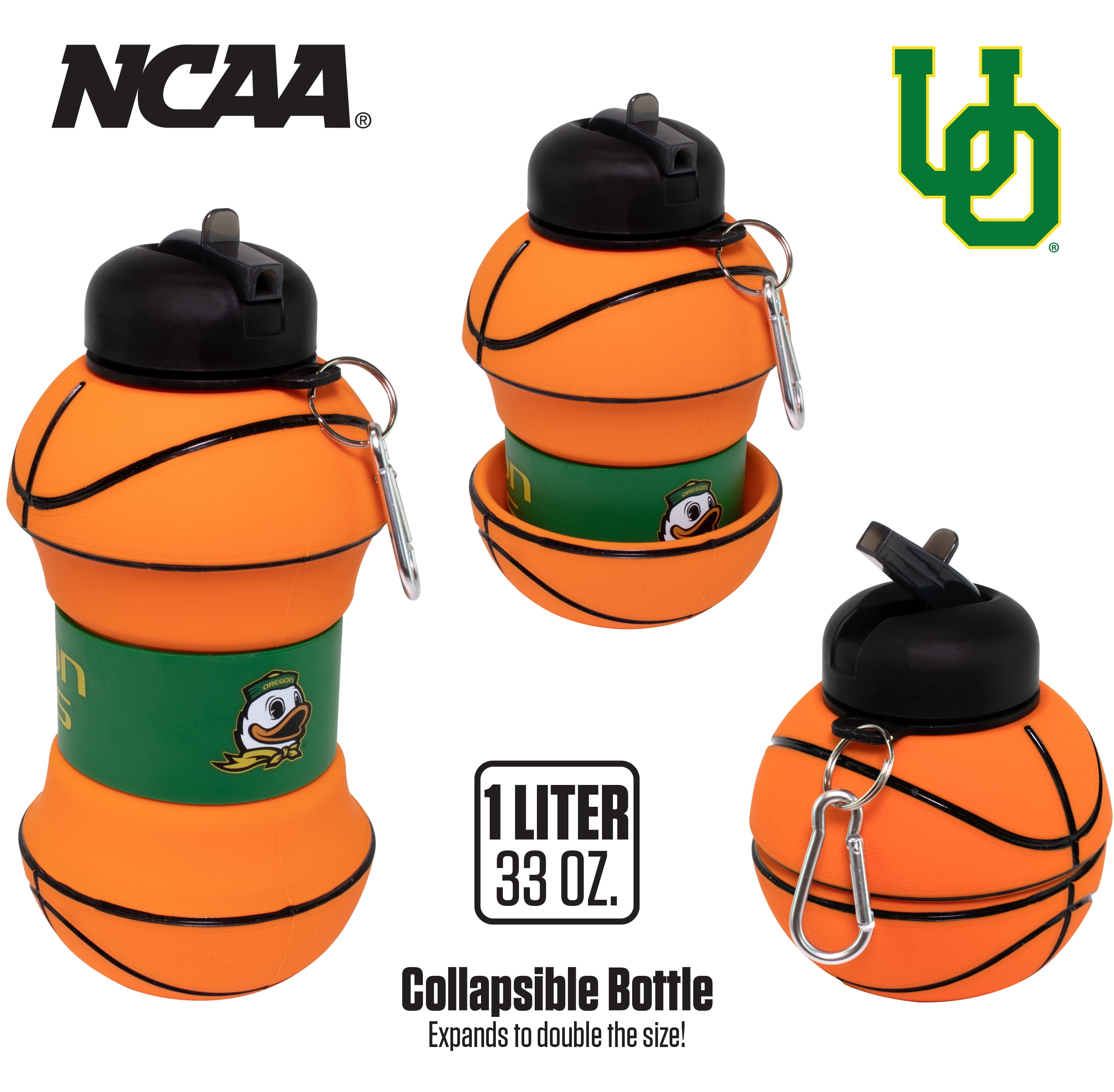 MACCABI ART Oregon Ducks Clip-On Collapsible 1 Liter, 34 oz. size BPA-Free Silicone Basketball Large Water Bottle for Kids