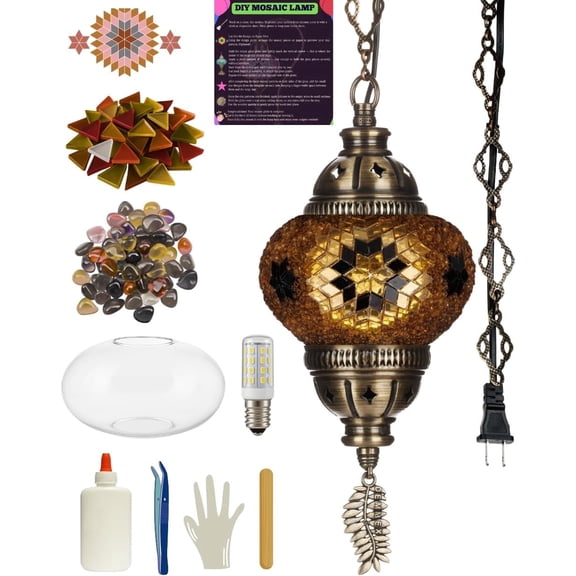 DEMMEX DIY Turkish Mosaic Plug-in Hanging Lamp Kit – NO Grout or Plaster, Beginner-Friendly – Complete Tiffany Mosaic Glass Light-Making Craft Project Kit for Adults and Teens (Brown)