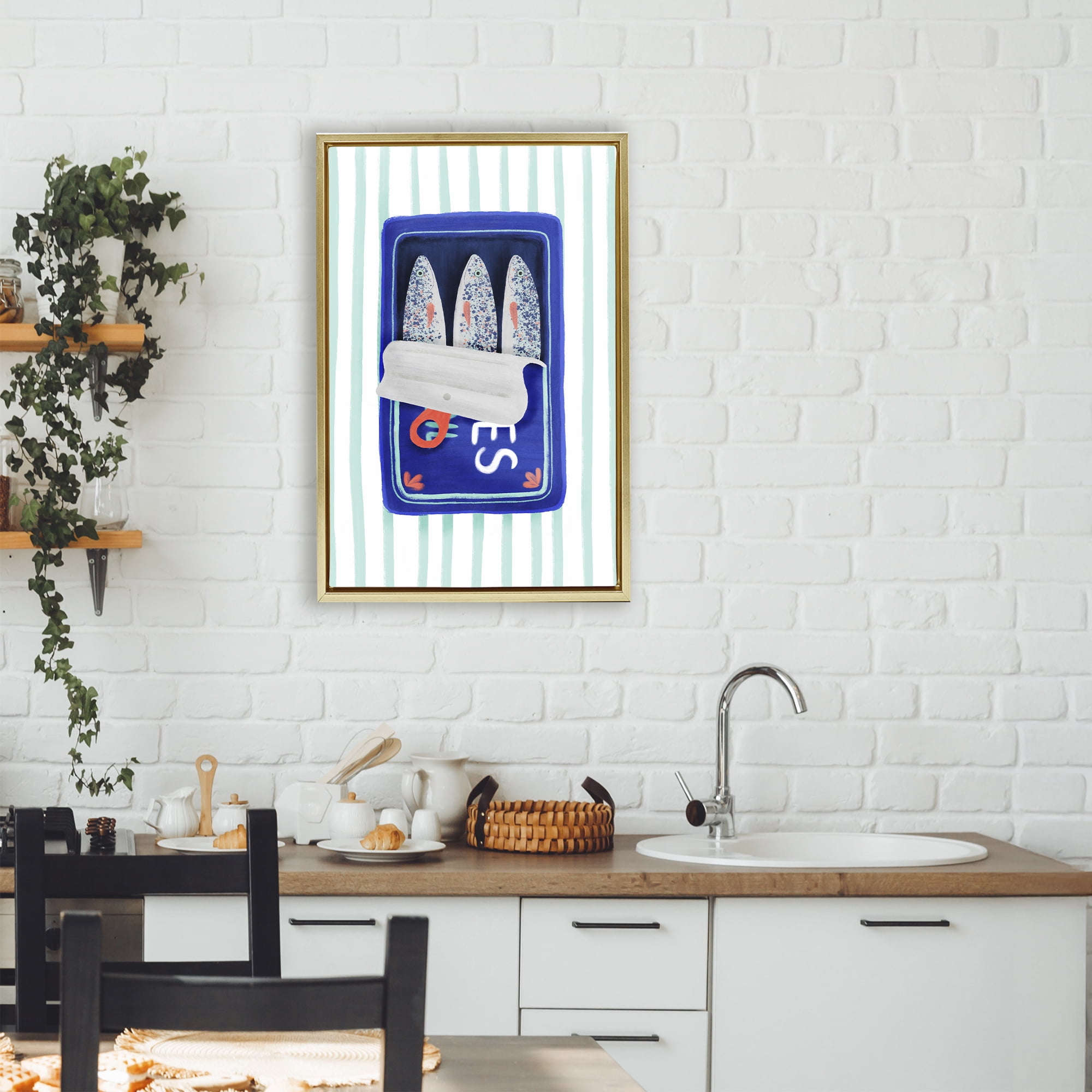 Stupell Industries Blue Sardines on Stripes Gold Framed Floater Canvas Wall Art, design by Metka Hiti