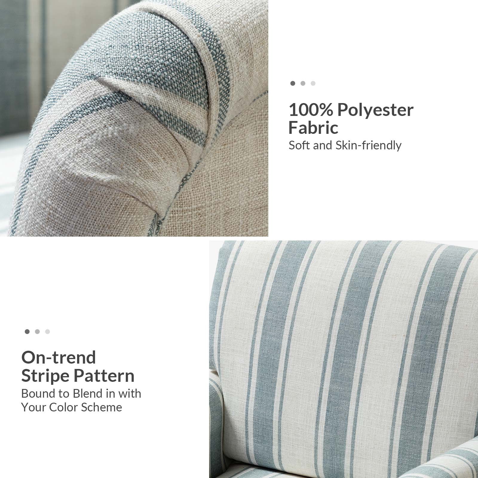 Stripe Armchair Upholstered Wooden Legs Accent Chair for Home Living Room Bedroom Adult Blue Stripe