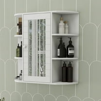 S-HOME Wall Mounted White Bathroom Medicine Cabinet with Mirror Door, 6 Open Shelves, Adjustable Storage