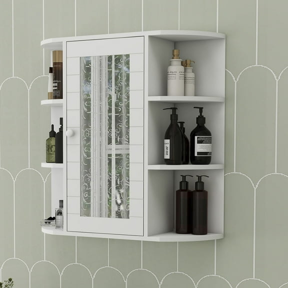 S-HOME Wall Mounted White Bathroom Medicine Cabinet with Mirror Door, 6 Open Shelves, Adjustable Storage