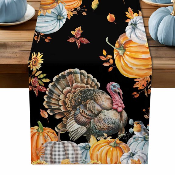 Table Runner Dresser Scarves 70 Inch Long,Thanksgiving Turkey Fall Pumpkin Linen Dining Table Runners Orange Maple Leaf on Black Tabletop Scarf for Wedding Holiday Party Kitchen