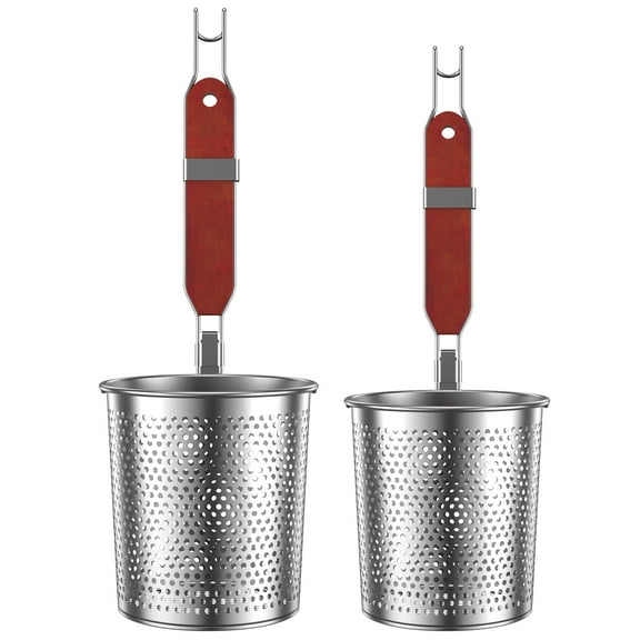 Austok 2Pcs Mesh Pasta Basket Stainless Steel Pasta Basket with Wooden Handle 2 Sizes Mesh Pasta Strainer Hangable Noodle Strainer Basket Dishwasher Safe Noodle Skimmer for Home Kitchen