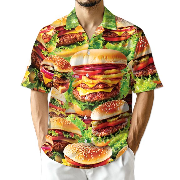 Netecom Delicious Hamburger Hawaiian Shirt for Men, HamBurger Lover Gifts, Fast Food Button Down Summer Beach Shirts, S-5XL