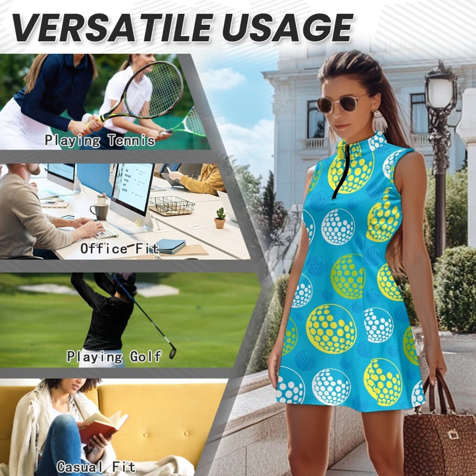 Yuyamidu Golf Ball Print Womens Golf Dress Sleeveless Workout Dress Size L Trendy Athletic Dresses with Built in Shorts and Pockets Moisture Wicking 2 Piece Sports Wear