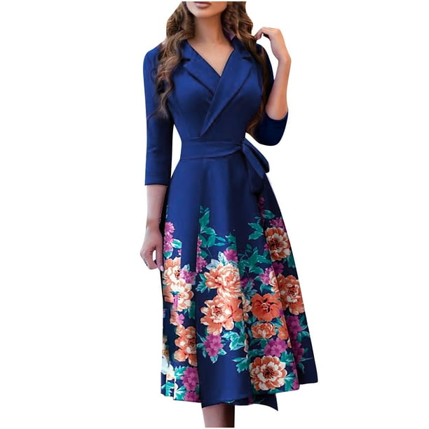Vestido de mujer con estampado de solapa, manga tres cuartos, cintura alta, lazo, cinturón, vestido Pompotops hdfakjf9413