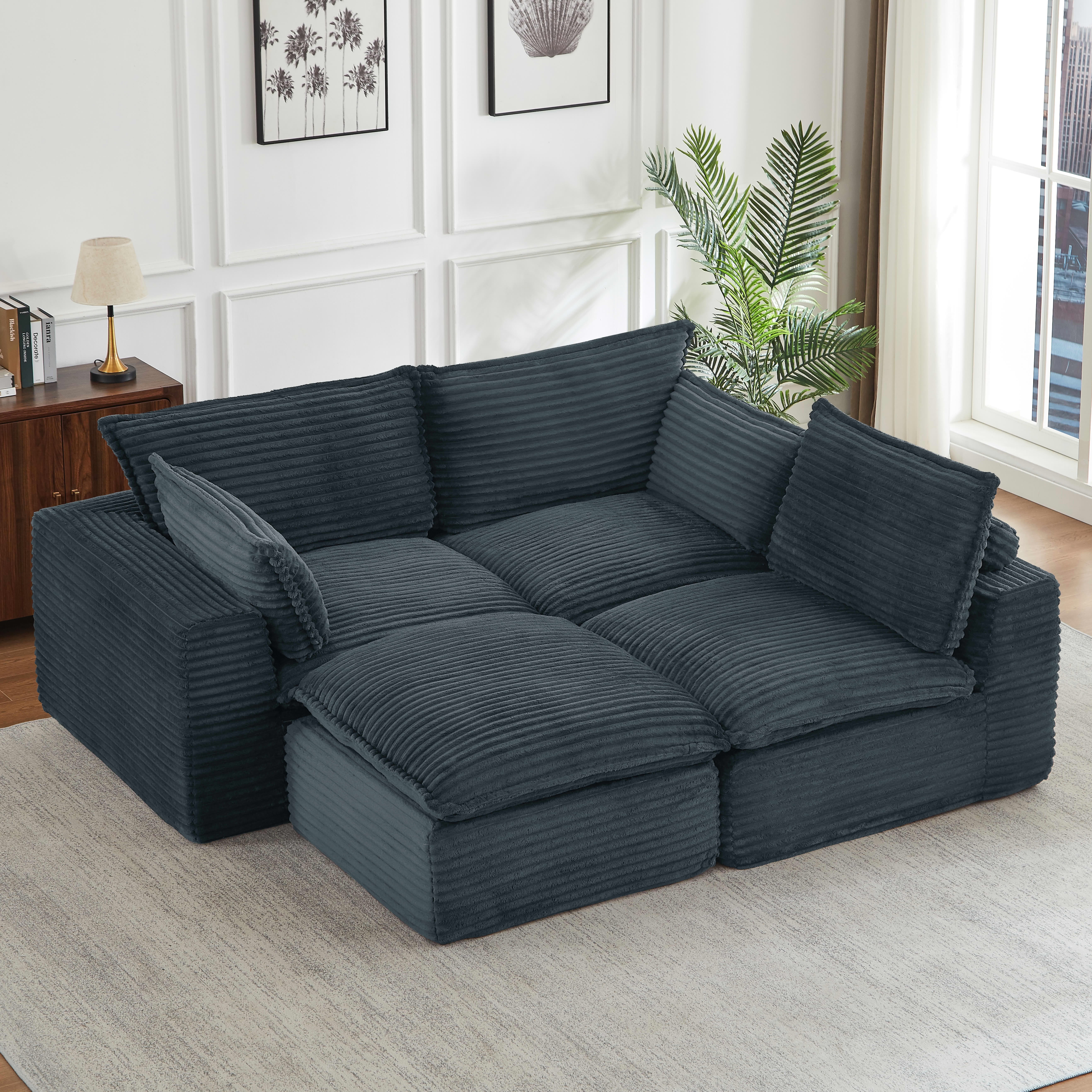 MAYEERTY Corduroy Oversized Sectional Sofa, Cloud Convertible L-Shape Couch with Ottoman for Apartment, Dark Gray