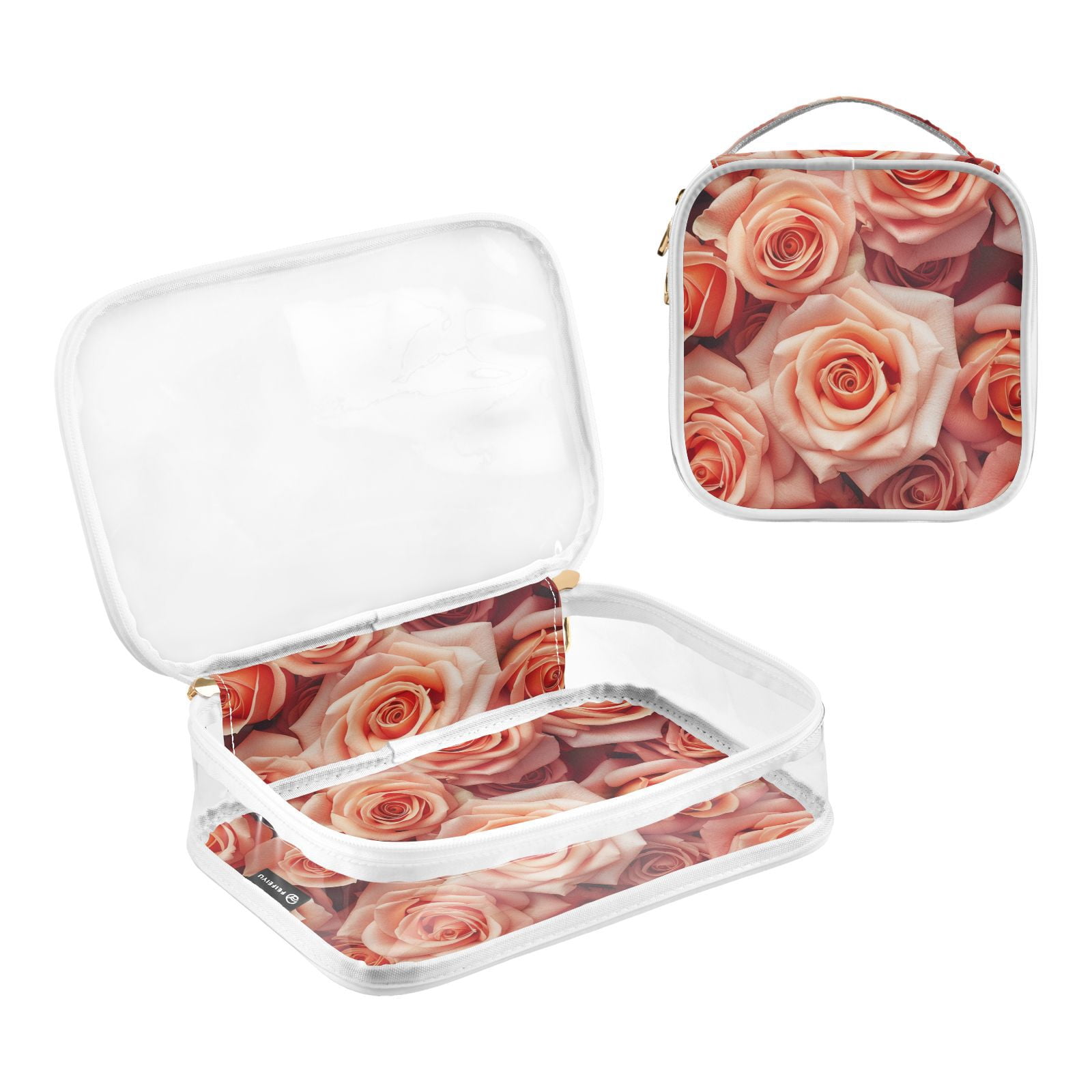 Clear Makeup Bags with Handle Large Opening 2 Pack Set Toiletry Bag Quart Size Bag, for Women Man Traveling Travel Essentials, Toiletries and Other. Valentine's Pink Roses Bloom