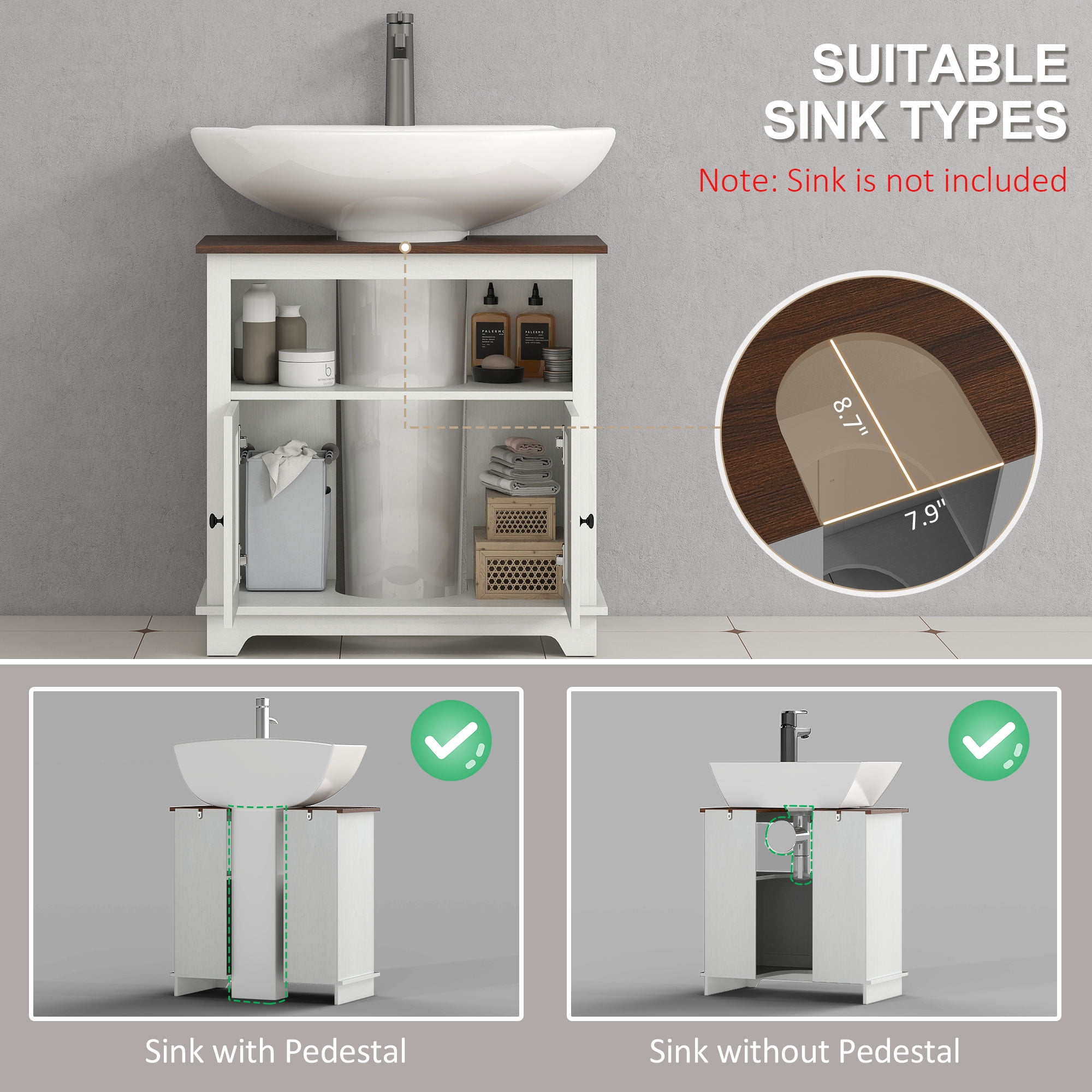 kleankin Modern Farmhouse Bathroom Sink Cabinet, Pedestal Sink Storage Cabinet with Double Doors and Storage Shelves, White