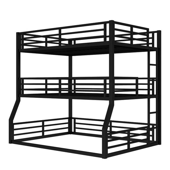 Full/Full XL over Full/Full XL over Queen Bunk Bed, Metal Triple Bunk Bed with Safety Guardrails, Heavy-duty Bunk Bed with Noise-reduced Design, Black