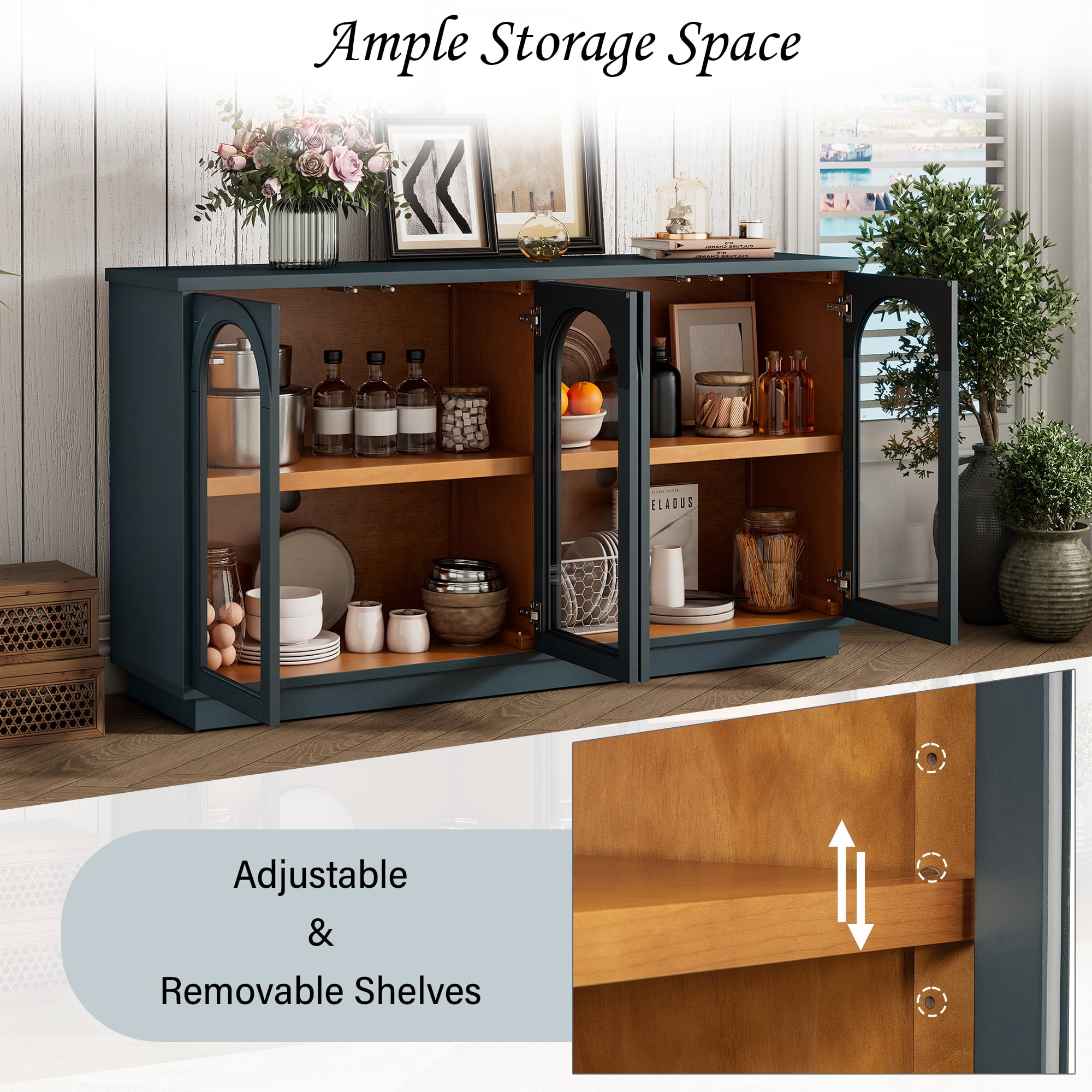 Aukfa Storage Buffet Cabinet with 4 Glass Doors, Large Arched Cabinet,Navy