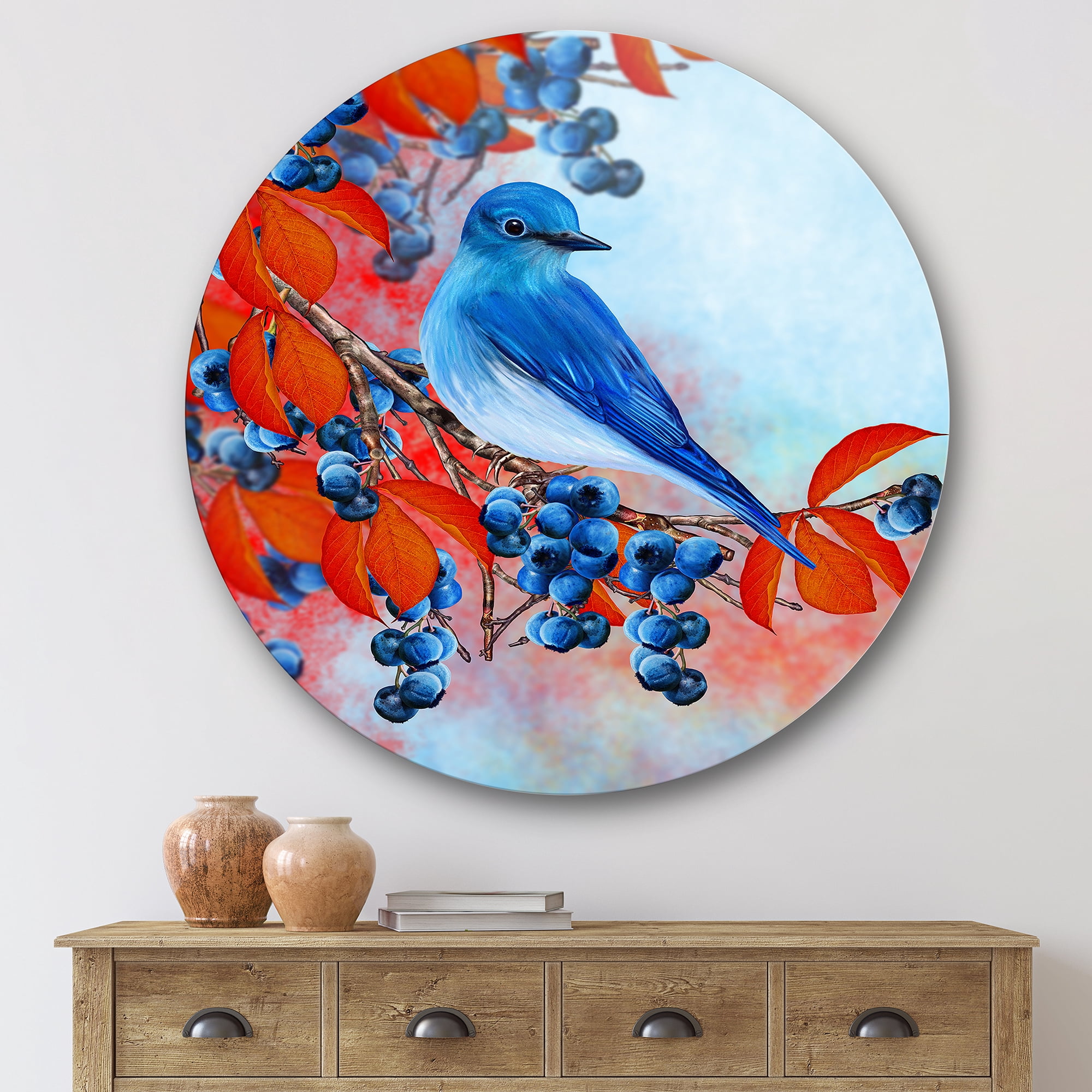 Designart 'Bright Bird Bullfinch Sitting On A Branch of Berries III' Traditional Circle Metal Wall Art 36x36 - Disc of 36