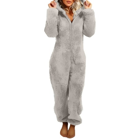 

Michellecmm Women Fleece Onesies Zip Front Hoodie Footie Pajamas Adult with Animal Prints Plush Sleepwear