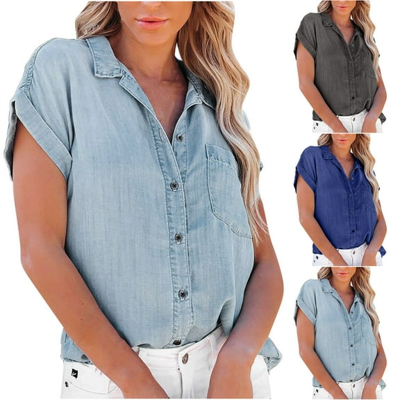 Fnooota Women's Button Down Shirts, Summer Casual Short Sleeve Workout Denim Shirts Blue Size S-2XL