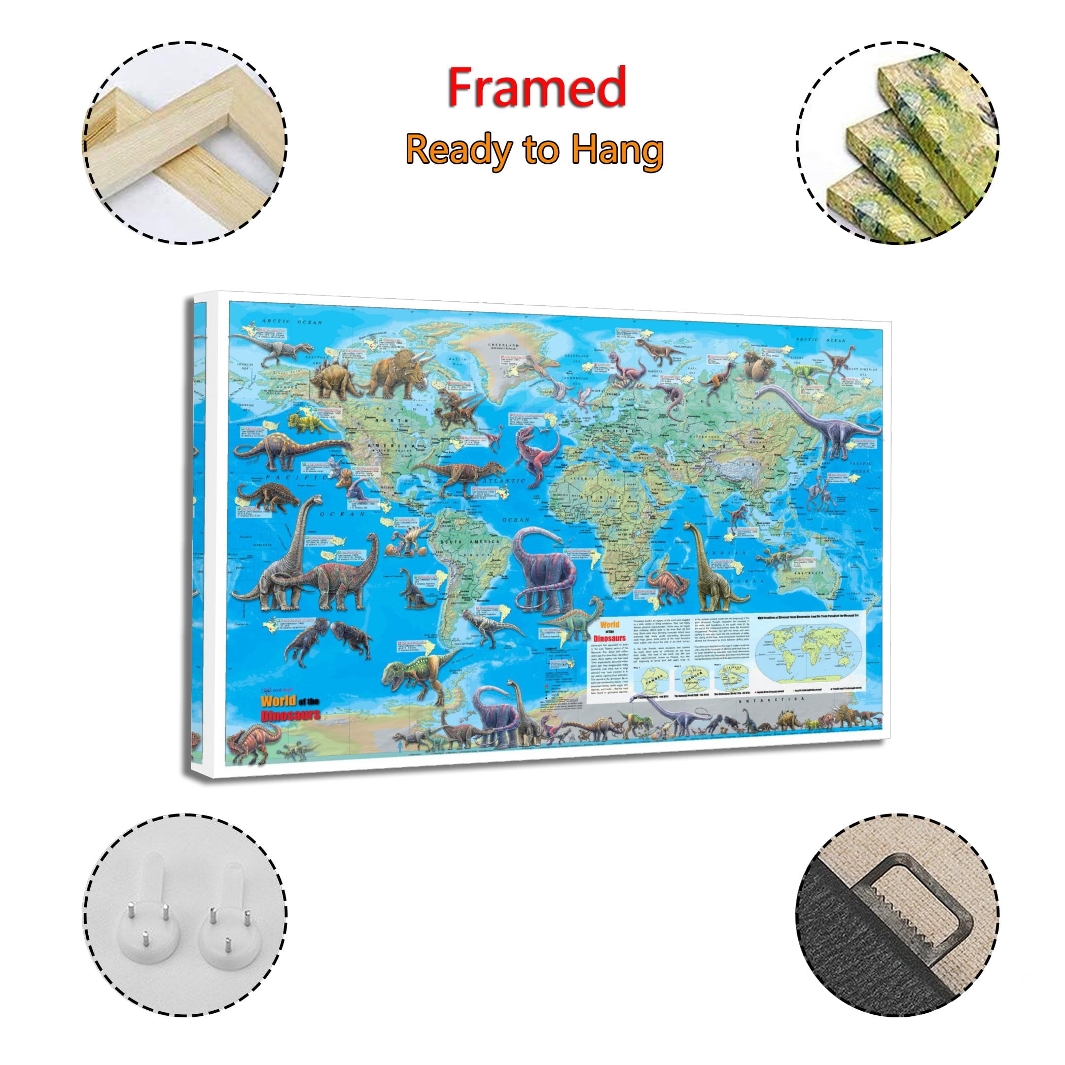 Dinosaur Map of The World Poster Decorative Painting Canvas Wall Art Living Room Posters Bedroom Painting 24x36inch(60x90cm)