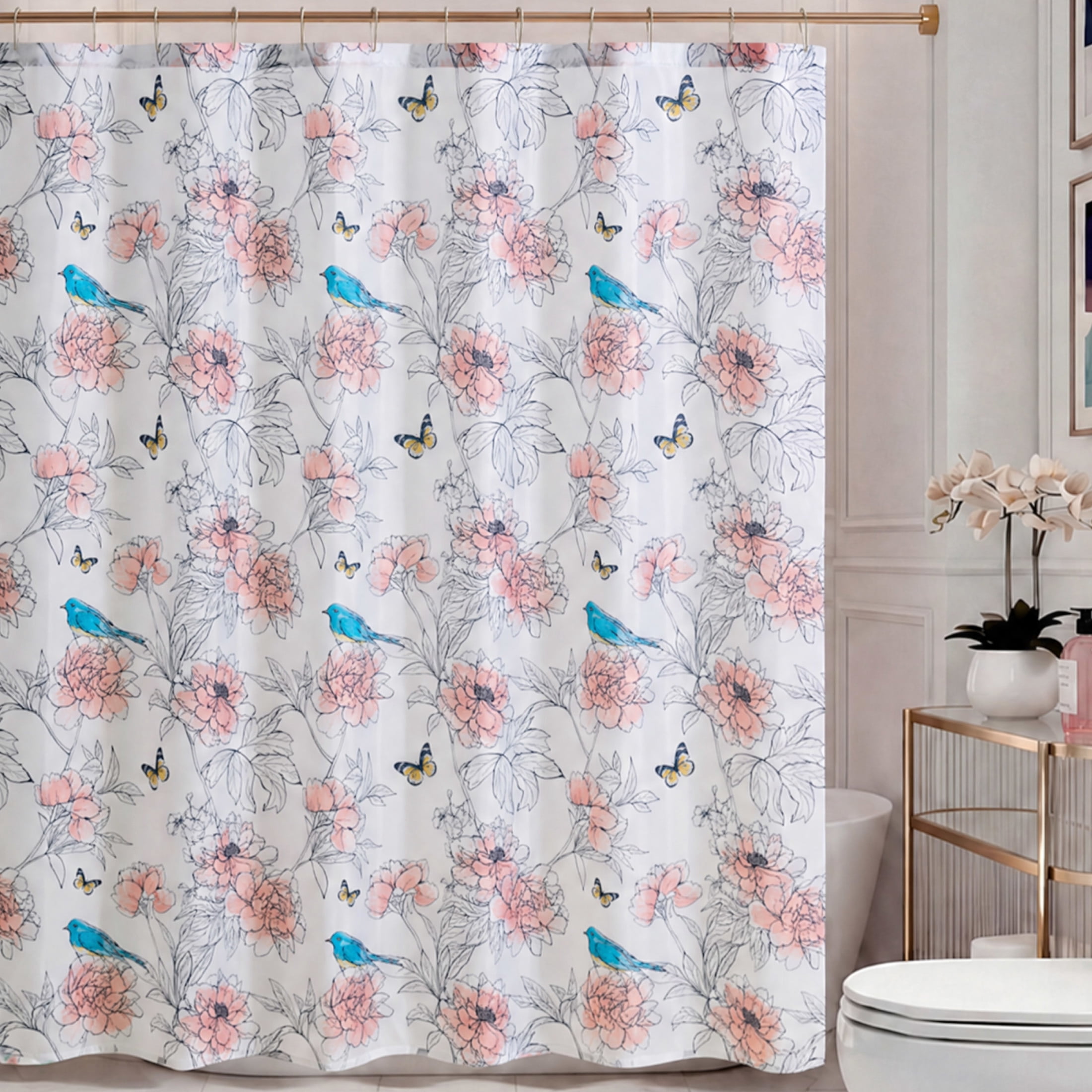 CHI Summer Bird Shower Curtain with Hooks and Rugs Modern Washable 72" W x 72" L 15-Piece Set