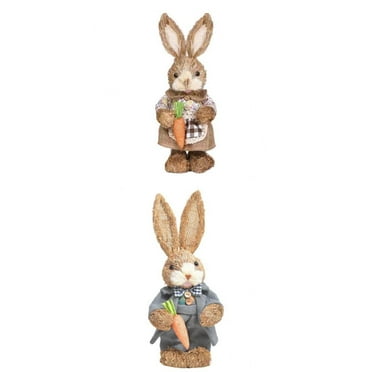 2x Cute Straw Rabbit Easter Statue Crafts W/Carrot for Photo Prop