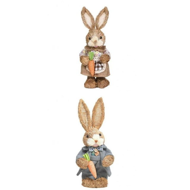 2x Lindo Conejo de Paja Artesanías de Estatua de Pascua con Zanahoria para Decoración de Jardín de Utilería para Fotos Macarena Escultura de estatuilla de conejo