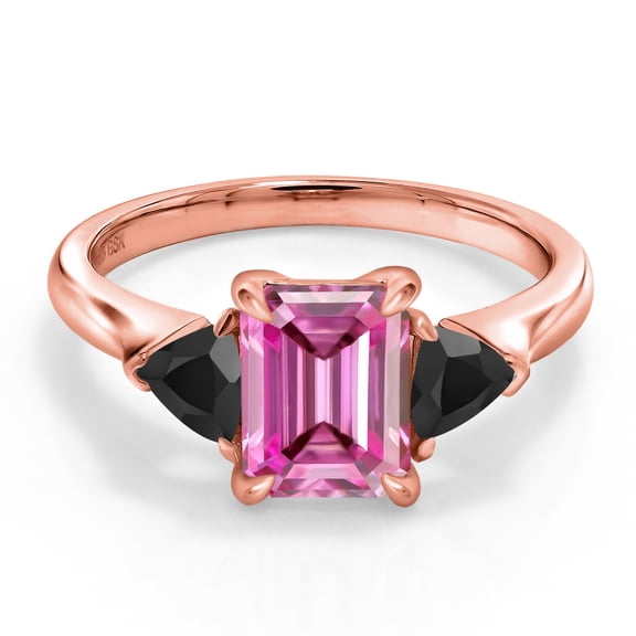 Gem Stone King 18K Rose Gold Plated Silver 3-Stone Ring Octagon Pink Moissanite and Onyx Black (1.99 Cttw, Size 5)