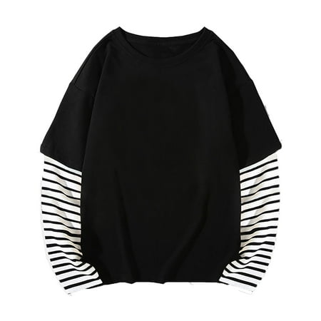 SUYIDA Girls Long Sleeve Shirts Girls Patchwork Long Sleeve Top with False Two Piece Design Comfortable Blend Sweatshirt for Spring and Fall Seasons